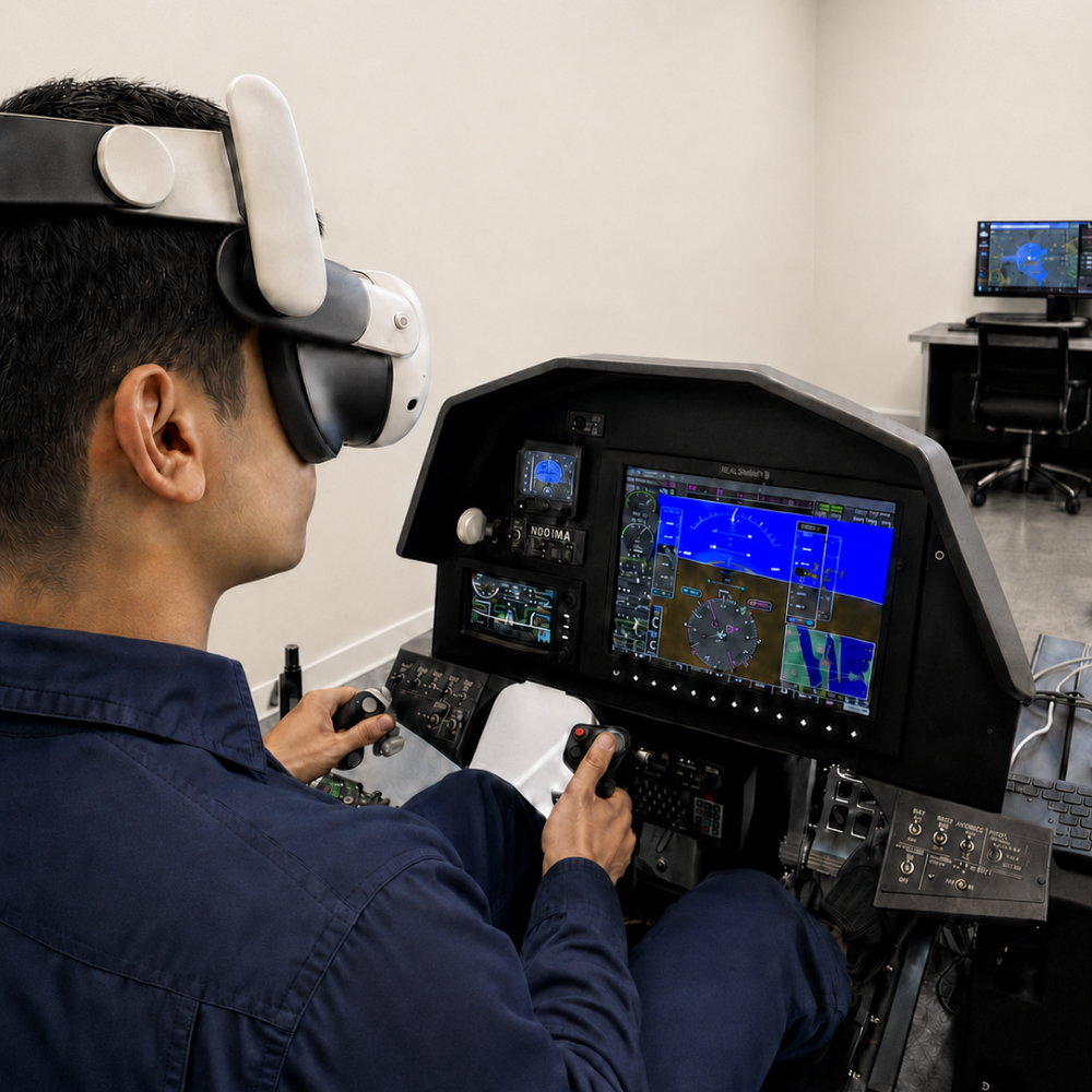 Pilot practicing cockpit procedures in a flight training simulator